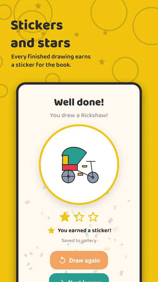 Celebration screen with stars and a sticker