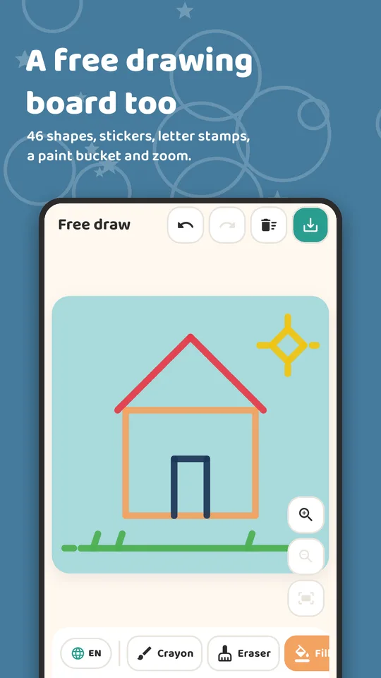 Free drawing board with shapes and stickers