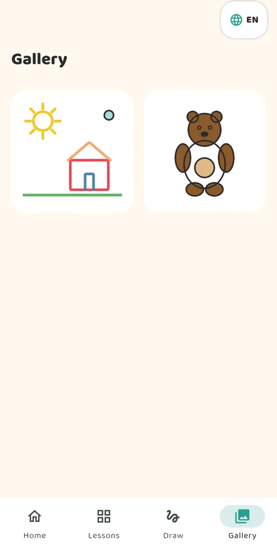 The Gallery tab showing the house drawing and the finished teddy bear