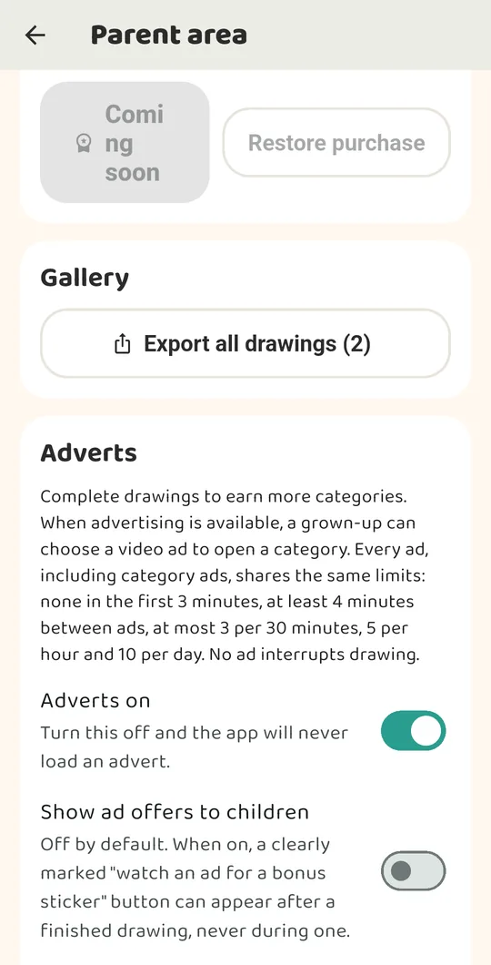 The Adverts section with the Adverts on switch and the Show ad offers to children switch, off