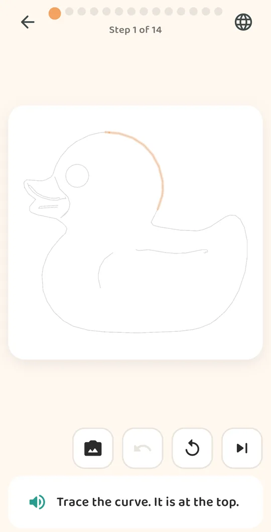 Step 1 of 14 of the duck lesson, traced outline with the first curve highlighted