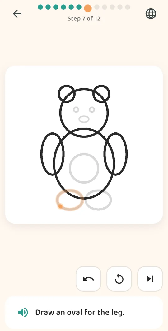 Step 7 of 12: the teddy bear half drawn, the next stroke glowing orange, hint reads Draw an oval for the leg